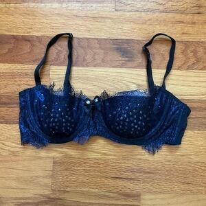 RARE Y2K Navy Blue + Black Lace & Rhinestone Balconet Bra 34C 2000s Diva Mcbling